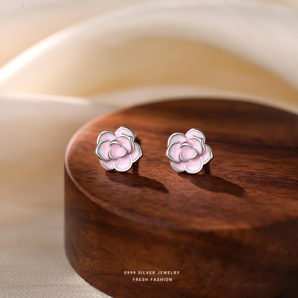 S999 Sterling Silver Pink Camellia Stud Earrings, Dainty Fresh Fashion Floral Jewelry for Women серебряный