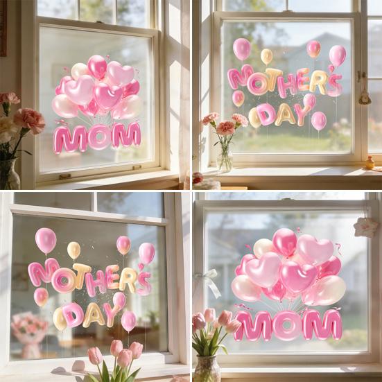 Muttertag Fensteraufkleber Wasserdicht Rosa Herzen Ballons Dekorativer Aufkleber Statische Glasaufkleber für Zuhause Büro Geschäft Glastür