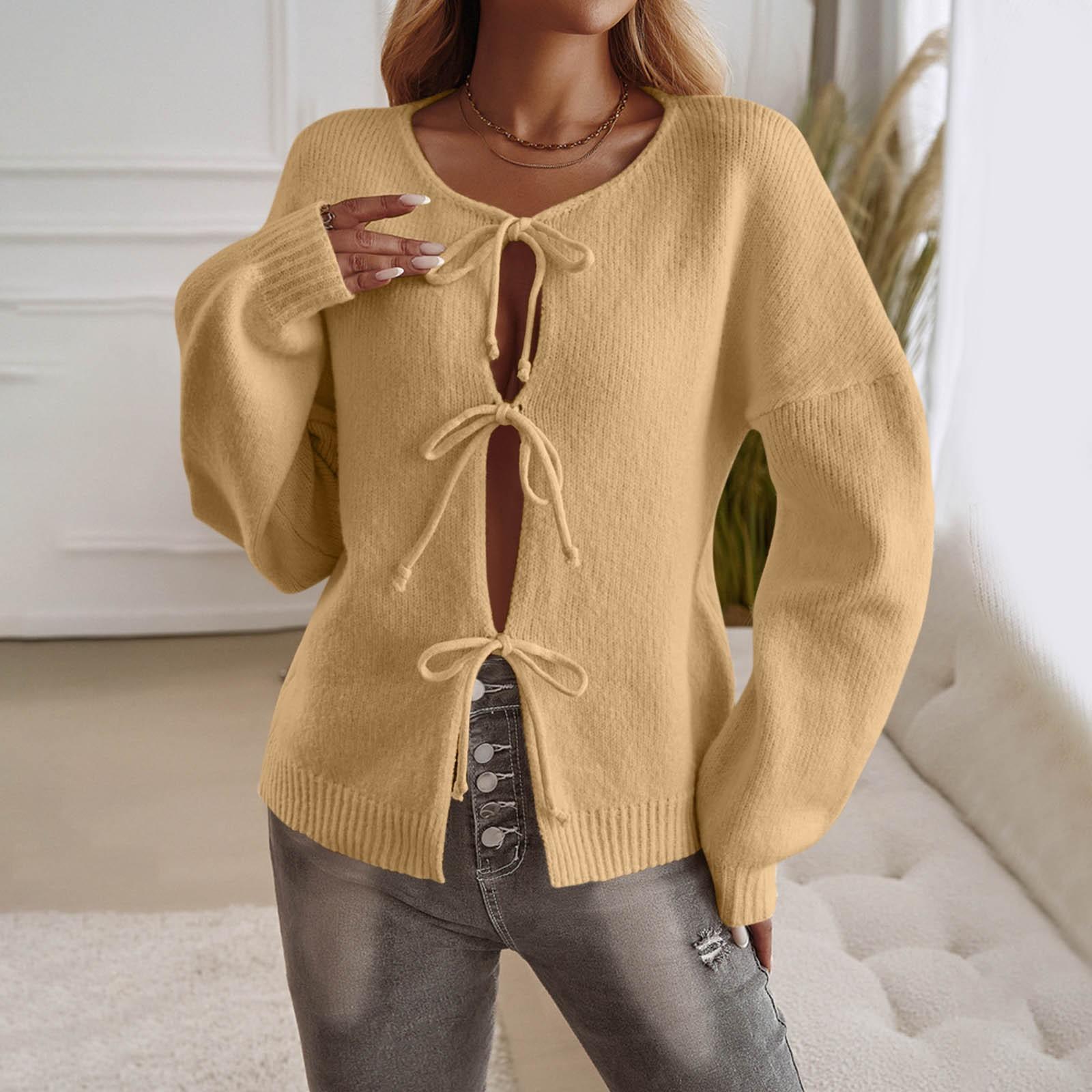 

Жіночий повсякденний вільний кардиган на шнурівці, однотонний светр XL жовтий