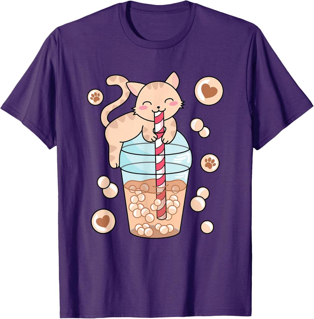 Cute Cat Drinking Bubble Tea Boba Milk Tea Graphic Tee Kawaii Kitten Lover Shirt