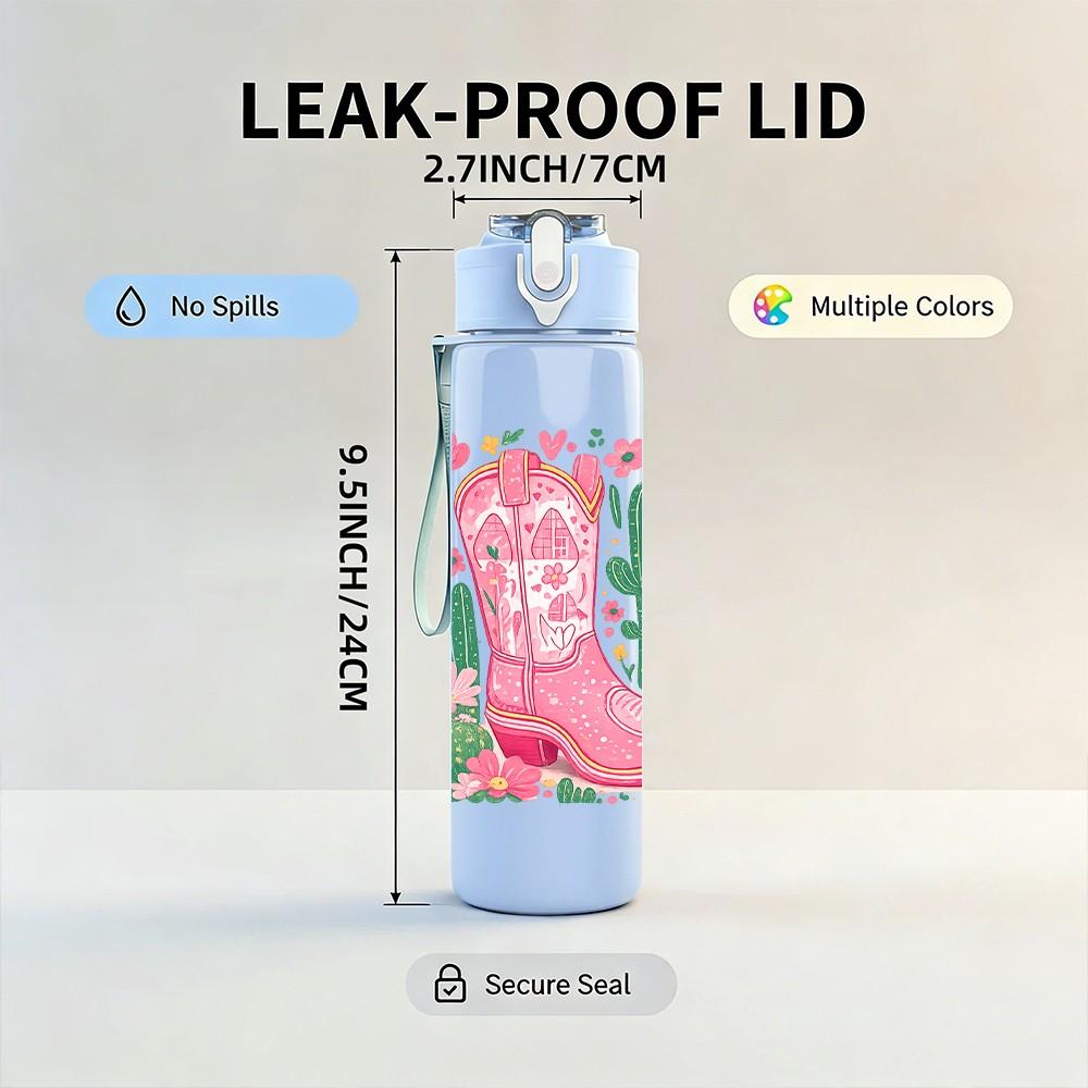 1PC Pink Cowboy Boot Cactus Western Print 750ml Color Plastic Sports Water Bottle Leakproof Flip Straw Lid Suitable for Sports Office Home Use