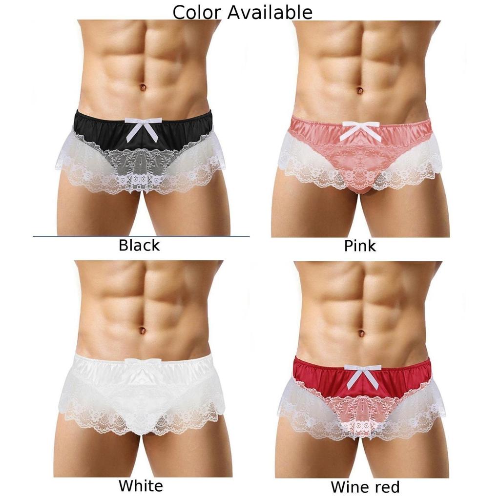Men Sissy Lace See Through Panties Sexy Satin Thong Briefs Underwear