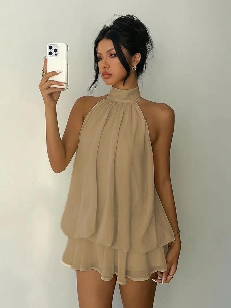 Europäisches & Amerikanisches Einfarbiges Schlankes Rückenfreies Neckholder-Kleid mit Flauschigem Rock - Damen Urlaubsbekleidung