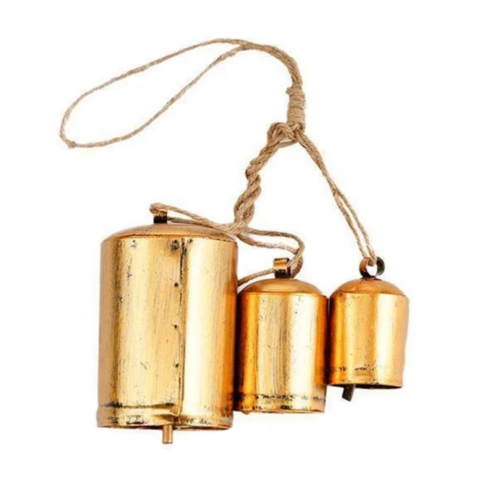 Christmas Bell Decoration, Set Of 3 Christmas Bell Brass Cow Shabby Style Rustic Metal Hanging Giant Cow Bells Decor Gold