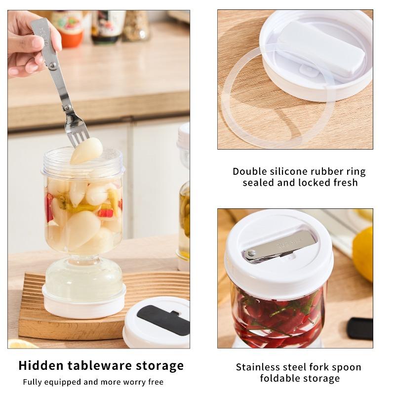 1Pcs Pickle Jar with Fork Dry Wet Separation Kitchen Food Storage Container Sealed Freshness Preserver Safe Material