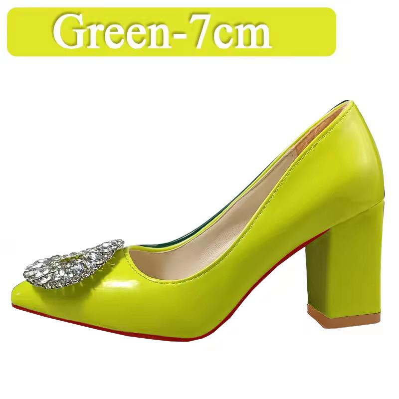 Aphixta Bing Big Crystals Round Buckle 7cm Chunky Heels Pumps Women Shoes Dark Green and Leisure Pointed Toe Pumps