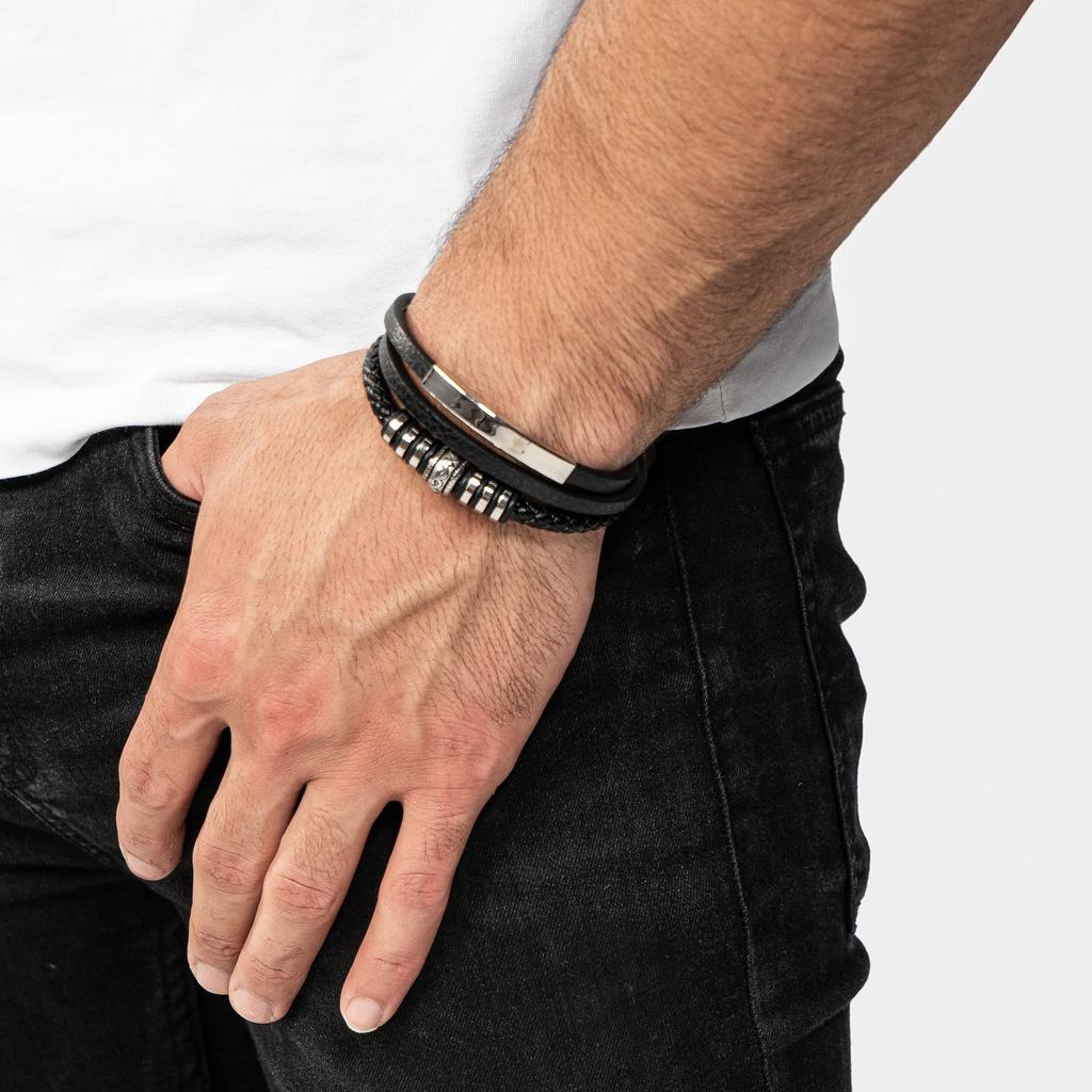 Pulsera Plateada 17cm Cuero Joyería de Brazo Cadena Trenzada Envolvente [SERASAR] para Hombre