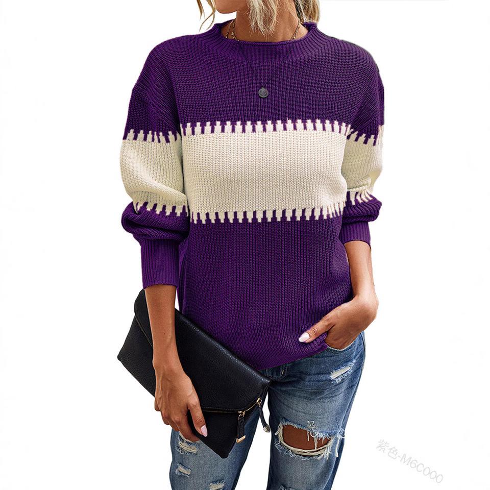 Contrast Colour Striped Knitted Sweater for Women Bell Sleeves Top Women's Round Neck Luxurious Relaxed-fit Slimming and Versatile Top