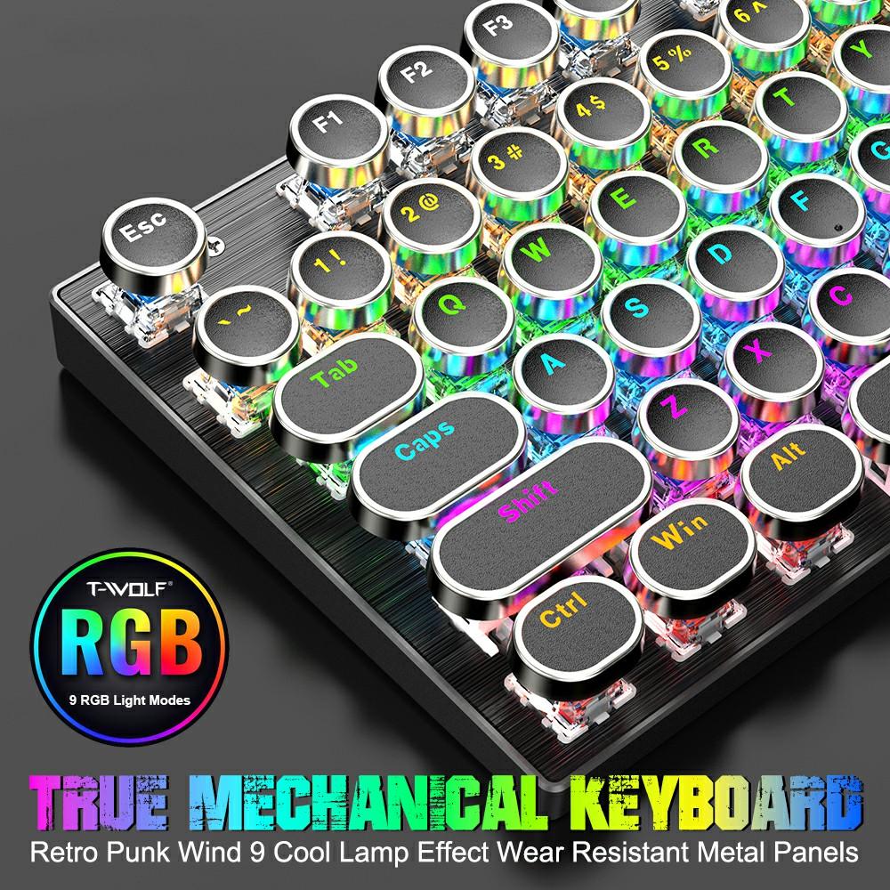 

T-WOLF T75 Electroplated Punk 104 Keys Mechanical Gaming Keyboard with RGB Backlit USB Wired Keyboard White