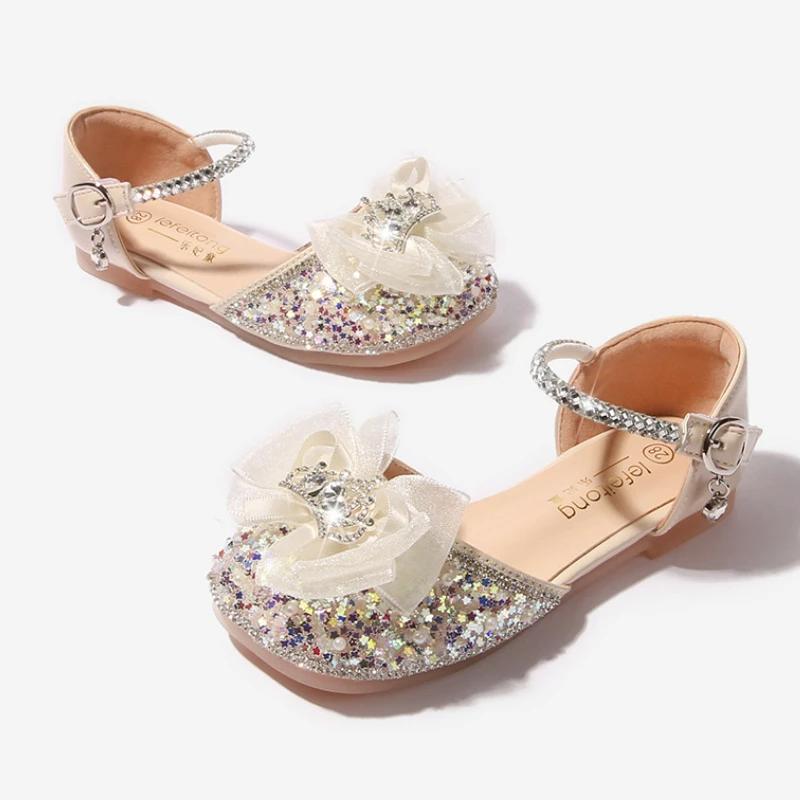 2024 Elegante Kindersandalen für Mädchen Mode Pailletten Süße Kinder Spitze Schleife Einzelne Schuhe Party Hochzeit Prinzessin Flache Sandalen