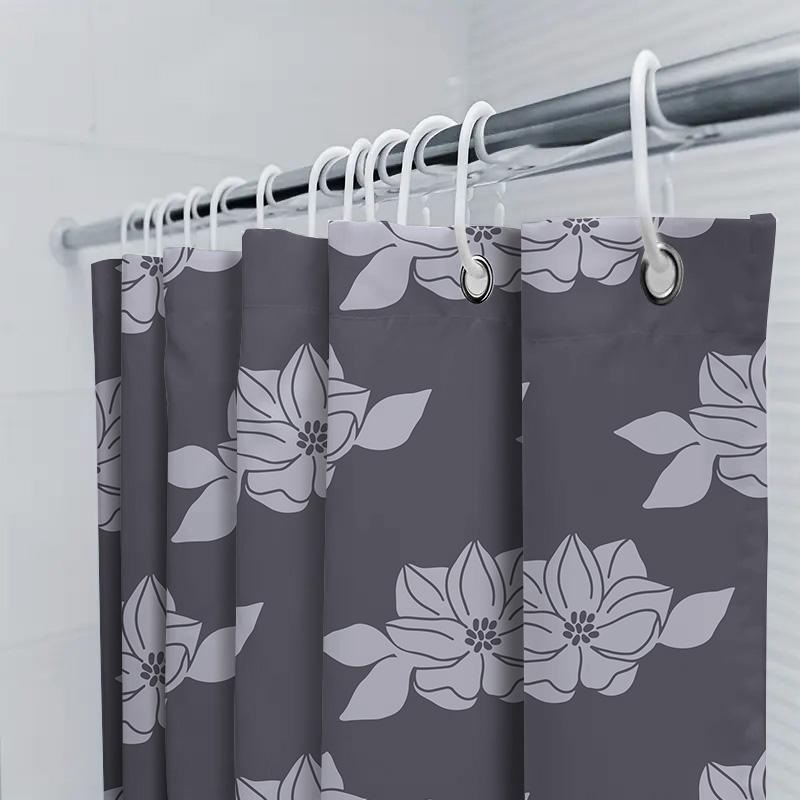 Stylish Gray Floral Print Bath Curtain For Modern Bathroom Decor Shower Curtain Set With Rod Pocket, 72 X 84 Inches