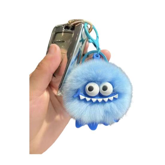 Monster-Inspired Plush Keychain Soft Fuzzy Fur Ball with Big Eyes & Teeth Eye-catching Bag Charm for Keys Backpacks Fun Gift for Teens & Adults