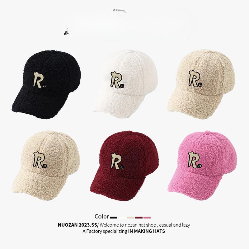 Hat Women's Autumn and Winter R Letter Couple Versatile Cold Proof Baseball Cap Lamb Velvet Thick Warm Wide Brim Peaked Cap for Men