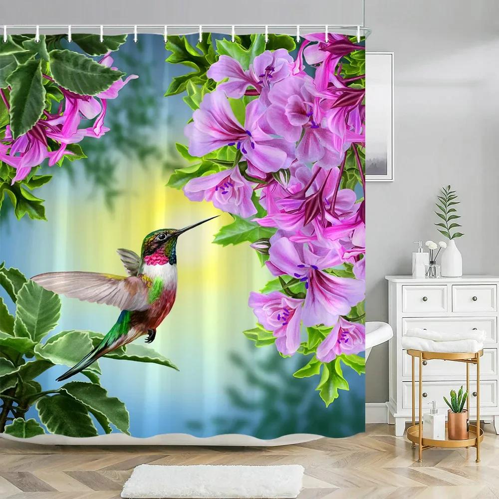 Hummingbird Floral Shower Curtain Watercolor Bird Flower Home Bathroom Decor Polyester Fabric Bathroom Curtain Set Hook Washab