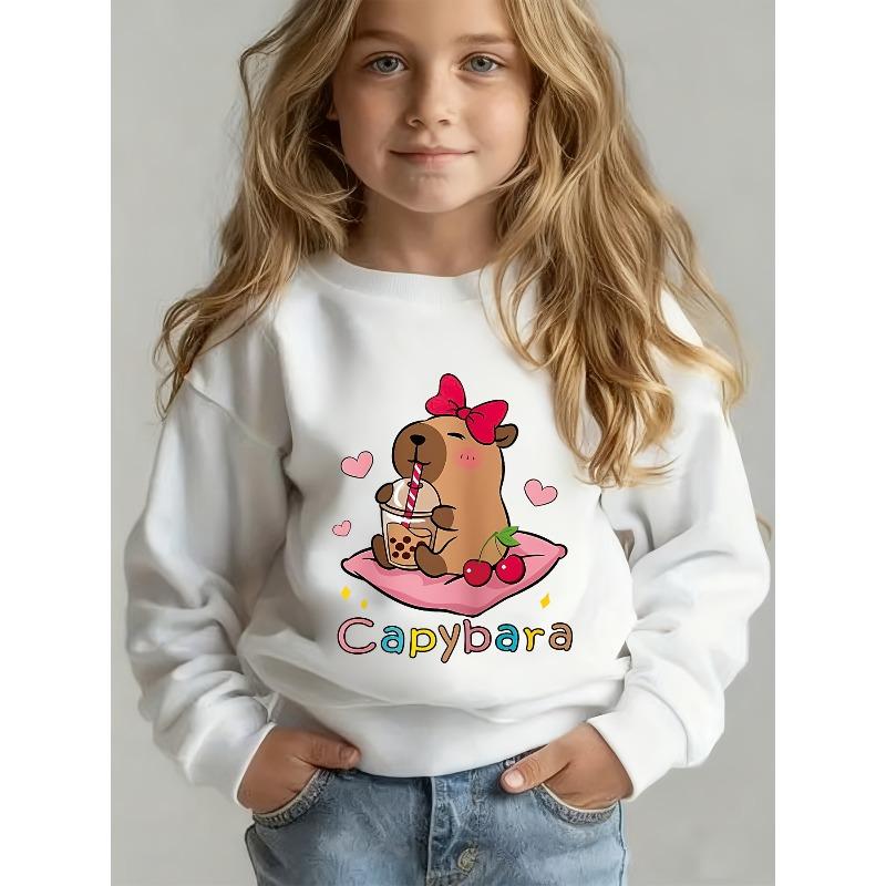 Kids Sweatshirt Capybara Girls Crew Neck Sweatshirt, Featuring an Adorable Capybara with a Bow 110