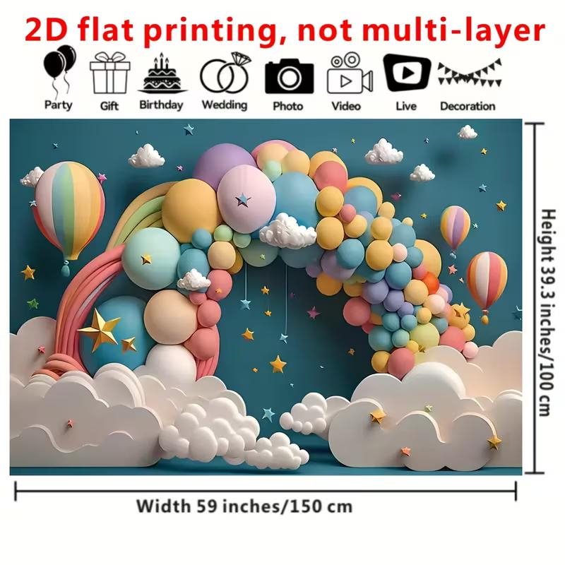2D Dreamy Balloon Background, Pastel Balloon Arch & Clouds Themed Party Backdrop