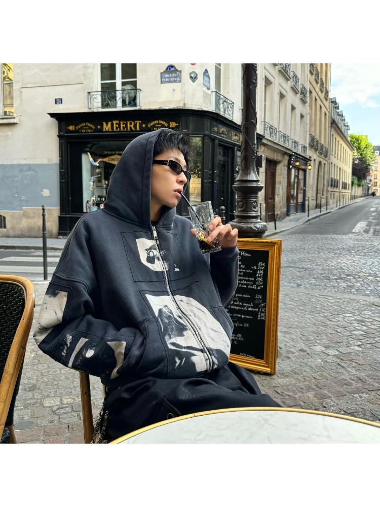 ERD Vintage Madonna Illustration Zipper Hoodie for Men