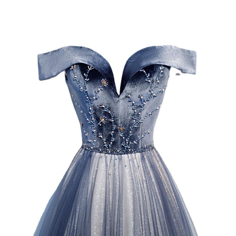 Evening Dress Women's 1011 New Temperament One-word Shoulder Long Dress Fairy Mori Music Art Test Dress