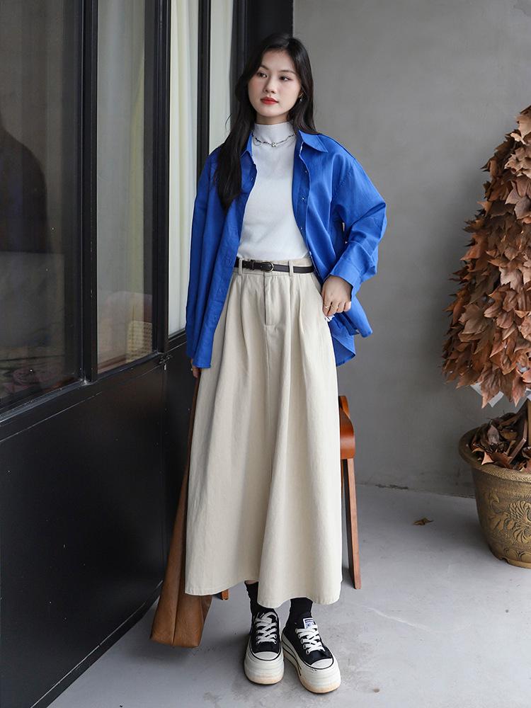 Versatile Washed Cotton Midi Skirt - High Waist, Solid Color, Double Pockets, Slimming A-line for Women, Early Autumn.