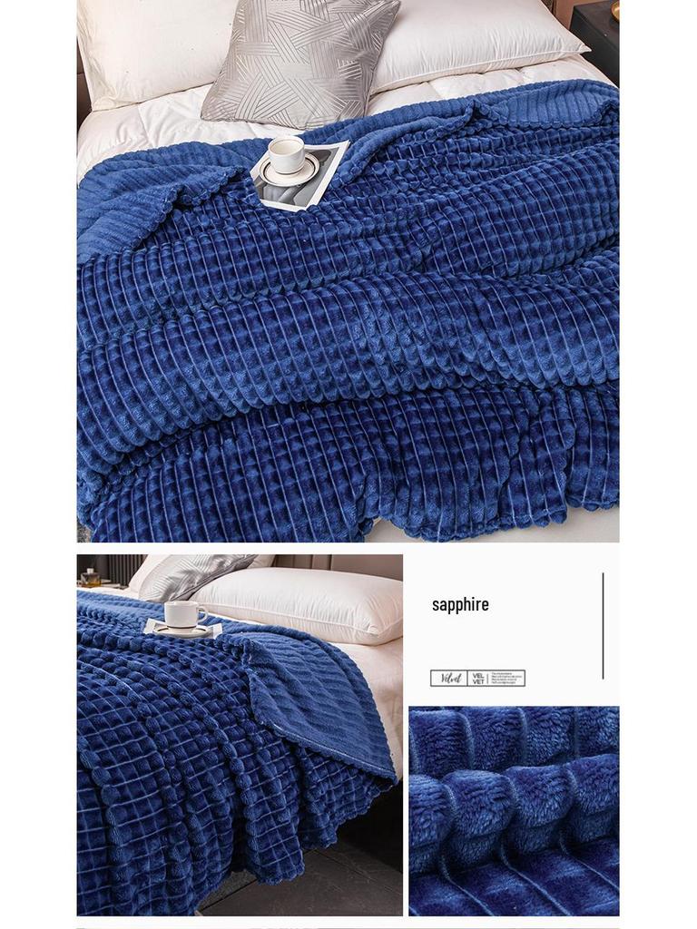 Thickened Plush Blanket - Wide Stripe, Grid Cut, Imitation Rabbit Fur, Small Flannel Blanket, Machine Washable