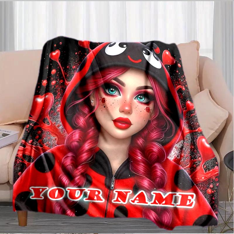 1PC Custom Name Ladybug Love Artwork flannel blanket versatile,all-season throw suitable for the living room,bedroom,camping,travel,and gift