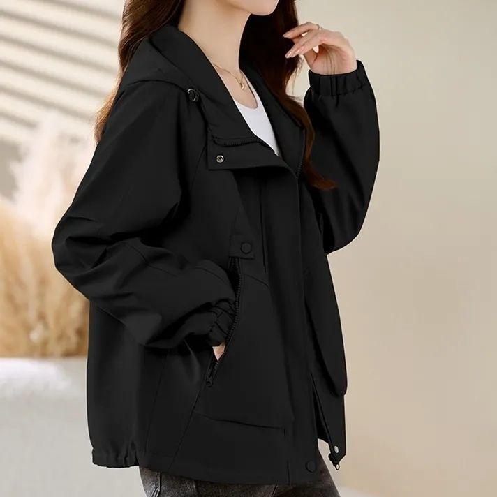 

Женская короткая куртка весна-осень повседневная с капюшоном свободная женская верхняя одежда удобная корейская версия женский тренч XXL чёрный