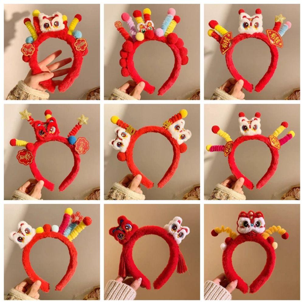 Embroidered Bow New Year Hair Hoop Lion Hanfu Hair Accessories Sweet Red Plush Headband  Kids