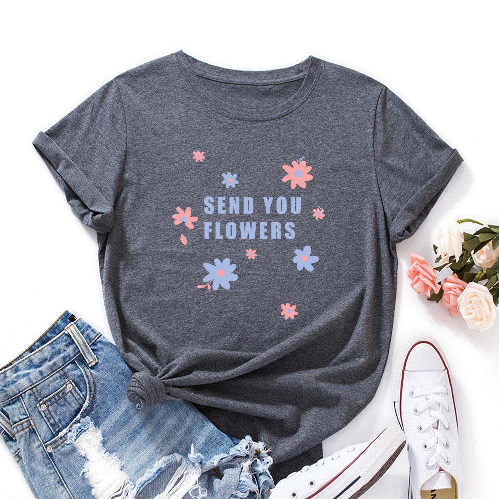 Send You Flowers Cotton T-Shirt Short Sleeve Round Neck Women 2d Print Tops