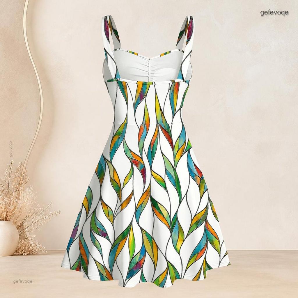 Women Plus Size Square Neck Strappy Open Shoulder Sleeveless Dress Green Blue Floral Printed Flared Hem