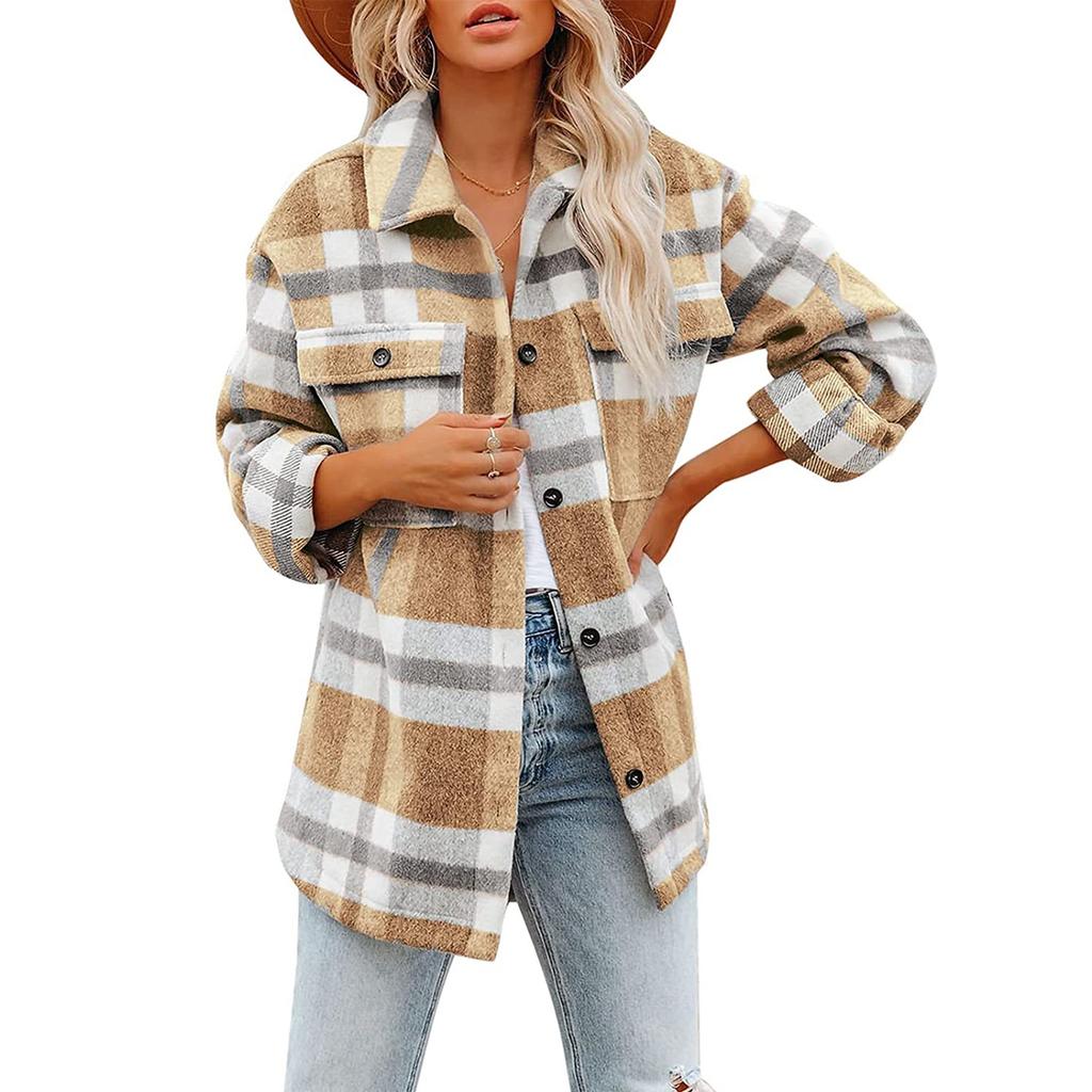 Damen-Hemden mit gebürstetem Karomuster, langärmlig, Flanell, Revers, Knopfleiste, Taschen, Shacket-Jacke, Mäntel