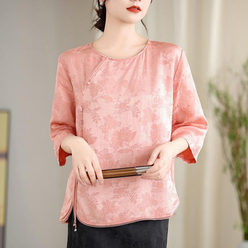 1116 Spring and Summer New Chinese Style Printed Satin Crew Neck Shirt Tea Clothing Loose Shirt Literary Fan