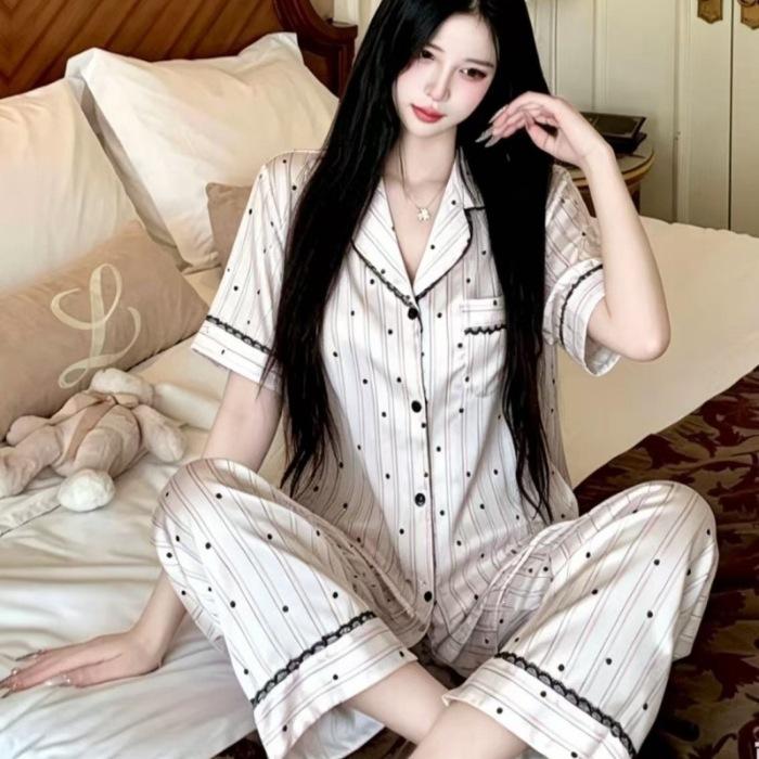 

Striped polka dot pajamas women s ice and snow silk short-sleeved trousers summer cardigan high-end ice silk loungewear suit women M