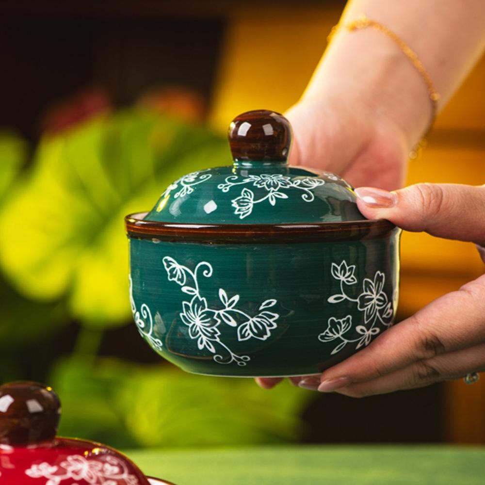 Tableware Ceramic Flower Bowls Home Kitchen Steaming Cup Steamed Egg Bowl with Lid Ceramics & Pottery Utensils for Kitchen Gifts