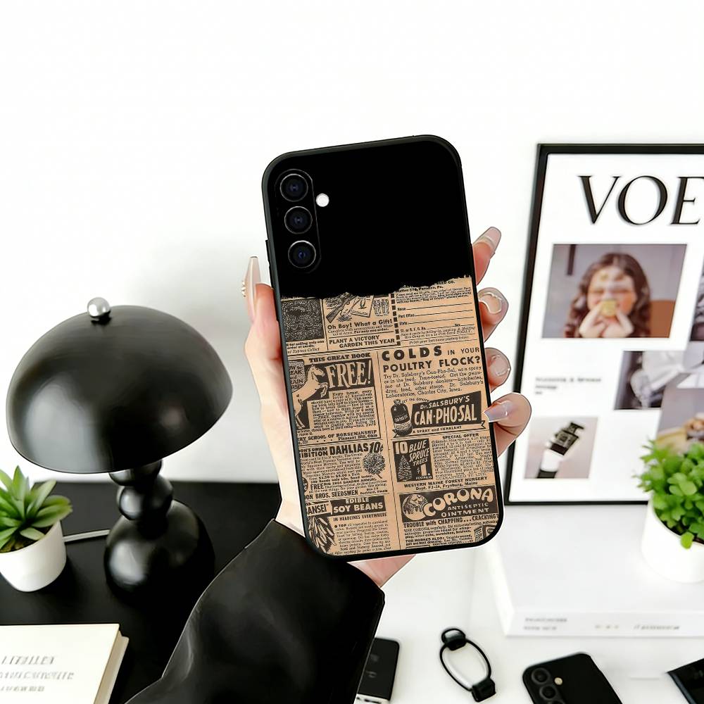 

Vintage Newspaper Print Phone Case Black Silicone Soft For Samsung Galaxy A73,A72,A71,A70,A53,A52,A51 Samsung a21s