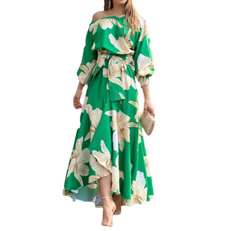 Spring 2026 Elegant Plus Size Off-the-Shoulder Printed Dress - European & American Women's Fashion