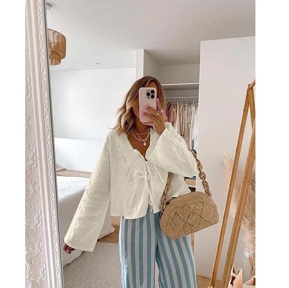 Women's Deep V-neck Flared Sleeve Tied Top Linen Lace Up Long Sleeve for Women Fashion Chic Casual Loose V Neck Shirt