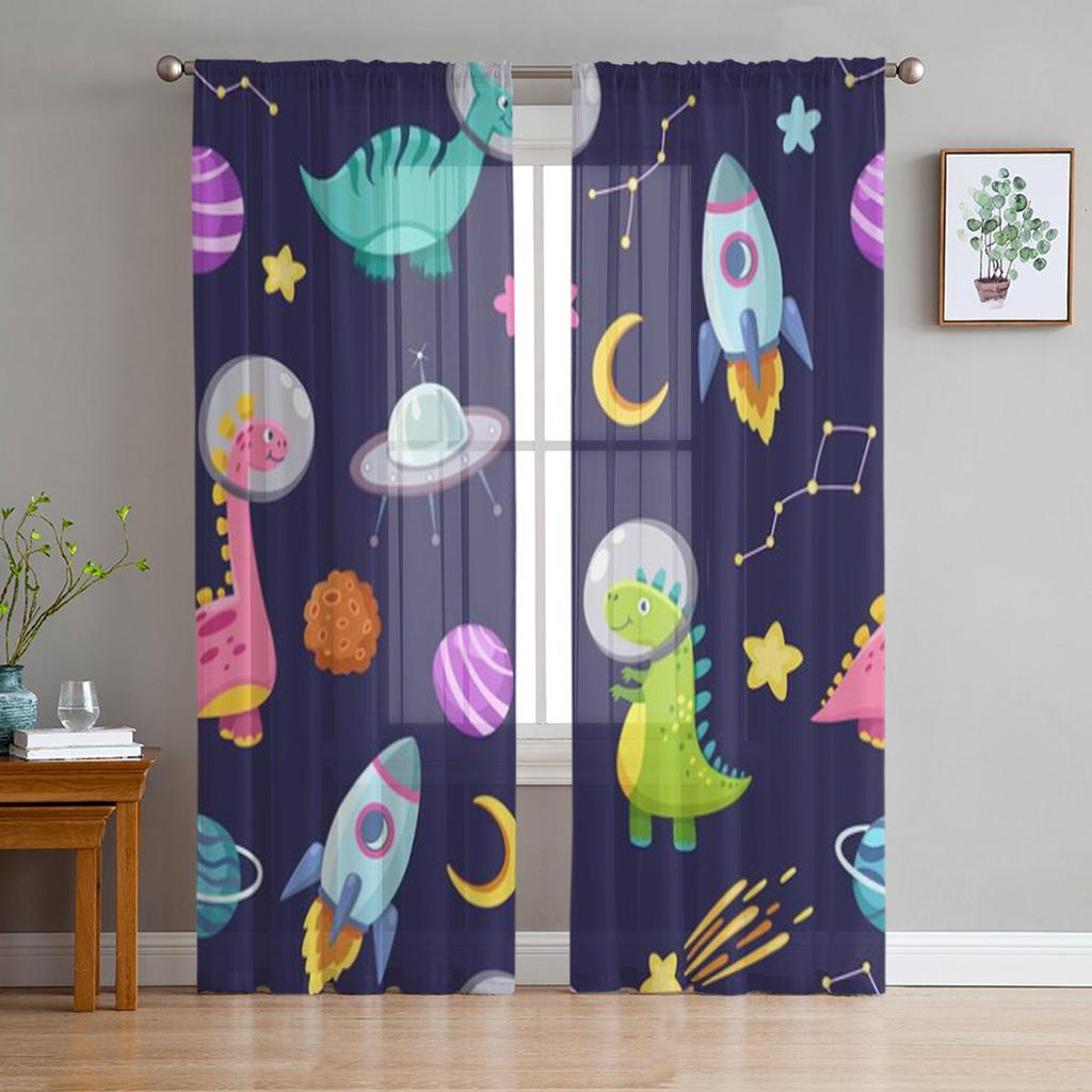 Raumschiff Rakete Dinosaurier Mond Transparente Vorhänge für Wohnzimmer Transparenter Tüll Fenstervorhang Schlafzimmer Küchendekor Schleier Drapierungen