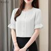 ZANZEA Women Casual Round Neck Solid Color Short Sleeve Blouse