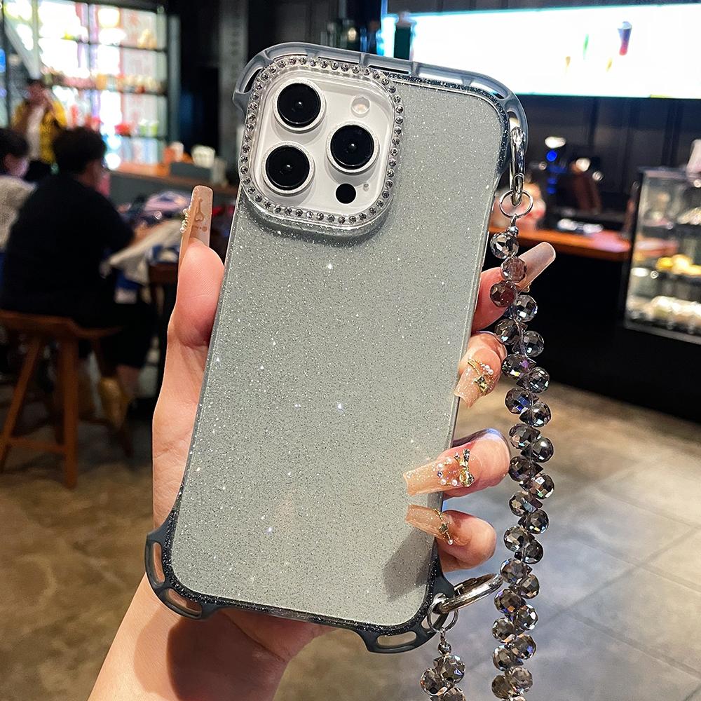 

Ультратонкий блестящий прозрачный чехол со стразами для iPhone 16 15 14 Pro Max, ремешок на запястье, кристаллический браслет, безрамочный чехол Case & Strap&iPhone 15 Pro Max чёрный