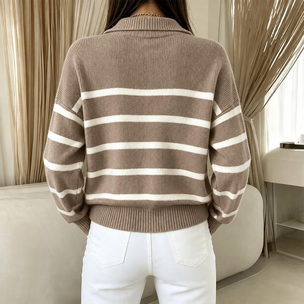 Women's Vintage Half Zip Striped Knit Pullover Top