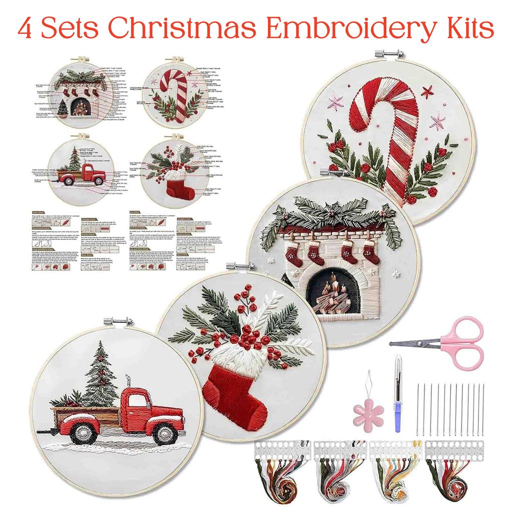 4 Sets Christmas Embroidery Kit for Beginners Cross Stitch Kits Needlepoint Kits for Adults with Pattern Needles Threads Tools