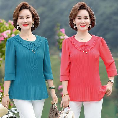 Damen Sommer Dreiviertel Rüschenärmel Tops Weiblich O-Ausschnitt Bluse Hemd Mittelalte Mutter Locker Uni Schick Blusen