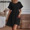 IHUASU Women's Fashion Summer Spring Solid Color Print O-Neck High Waist Casual Dresses