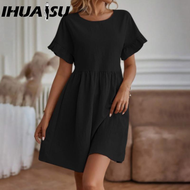IHUASU Women's Fashion Summer Spring Solid Color Print O-Neck High Waist Casual Dresses