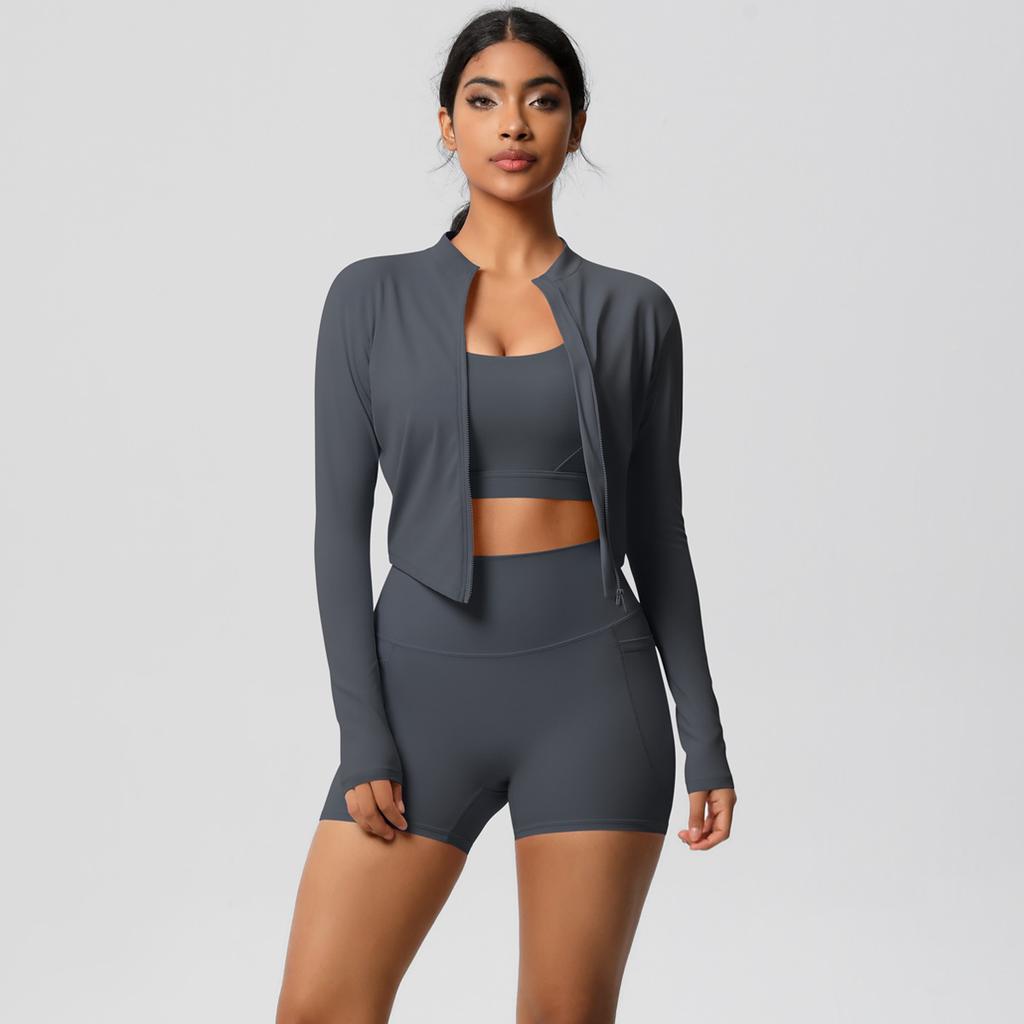 High Waisted Brushed Tight Pocket Yoga Suit, Cloud Sensing Quick Drying Exercise Three Piece Set, Outdoor Leisure Running Fitness Set, Women'S