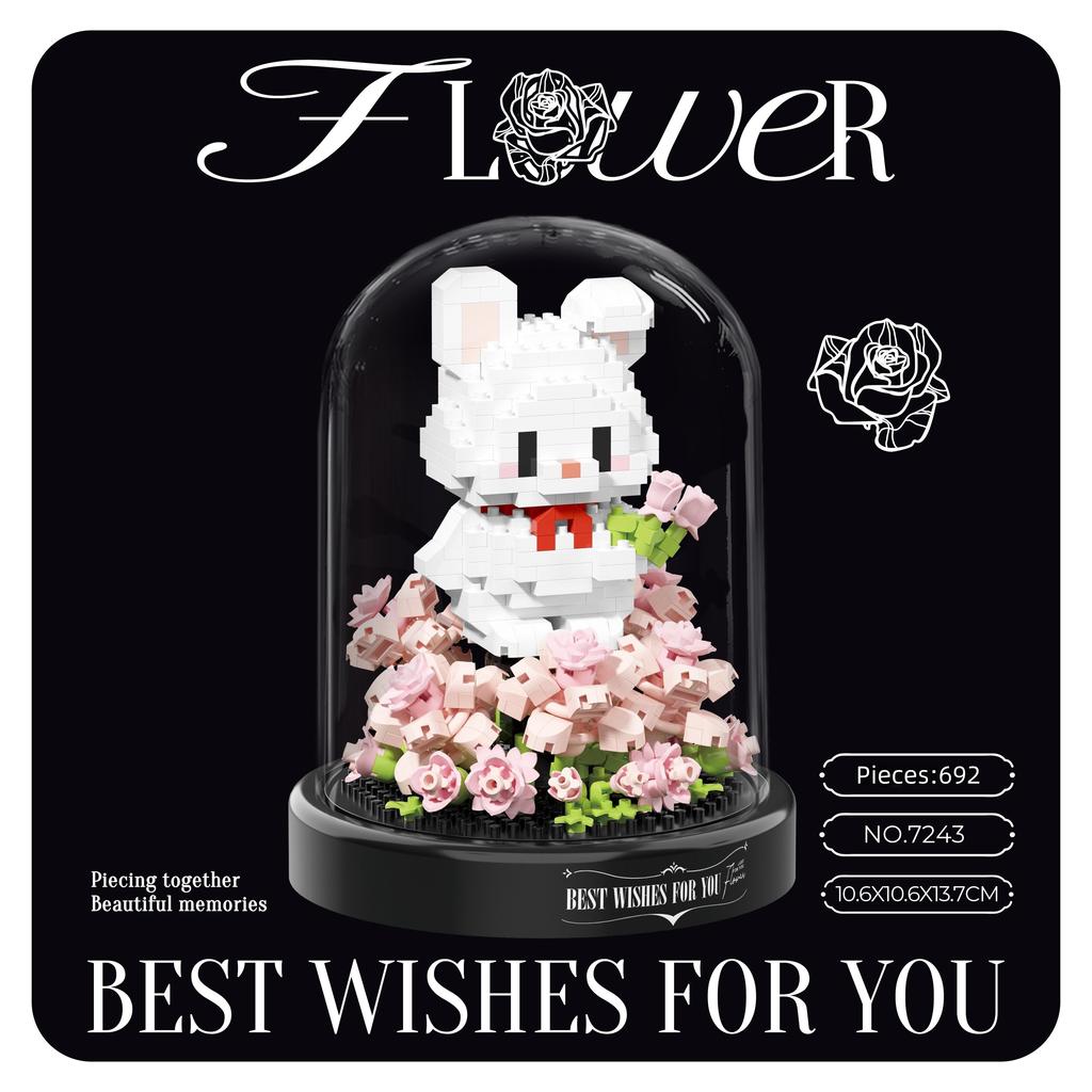 Flower Bouquet Building Blocks Animal Set Dust Cover Bonsai Cute Animal Bear Bunny Dog Model Kids Romantic Gift for Girls
