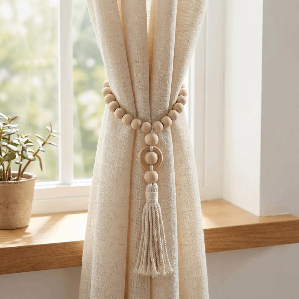 Rustic Wooden Beads Curtain Holdbacks Bohemian Style Decorative Curtain Buckle with Tassels Curtain Tape Wall Hanging Decor
