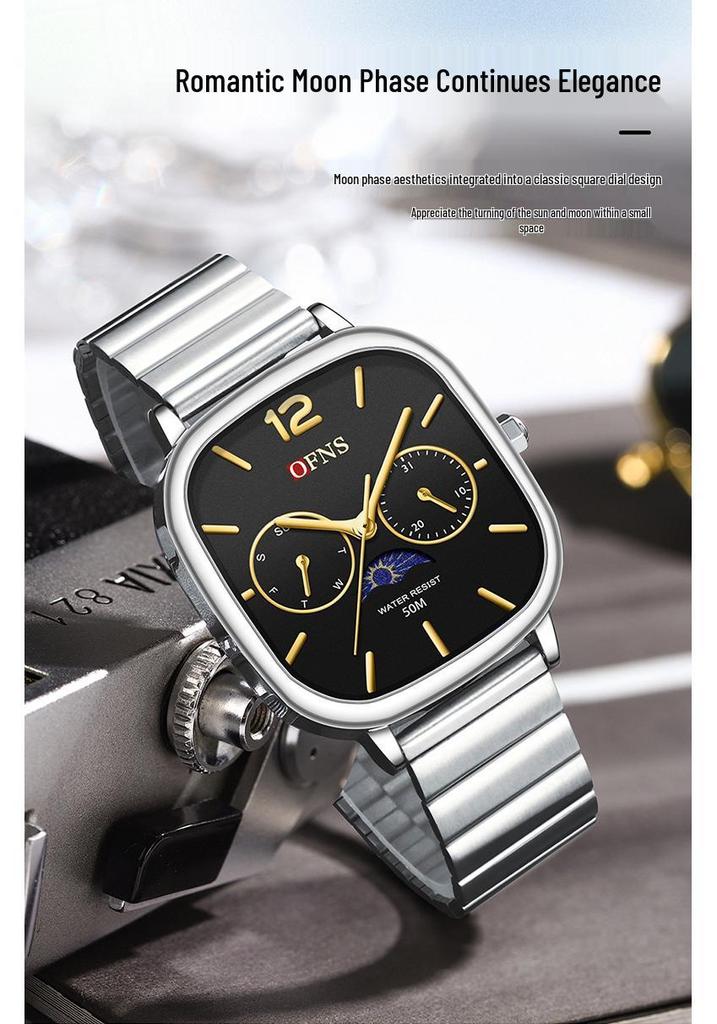 Oufanny Elegant Moon Phase Square Waterproof Watch for Men and Women - High-End Quartz Wristwatch