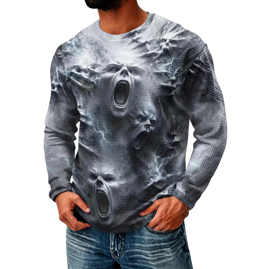Men's Casual Knit Long Sleeve Neck T-Shirt with Halloween Print for Parties and Fall Daily Wear