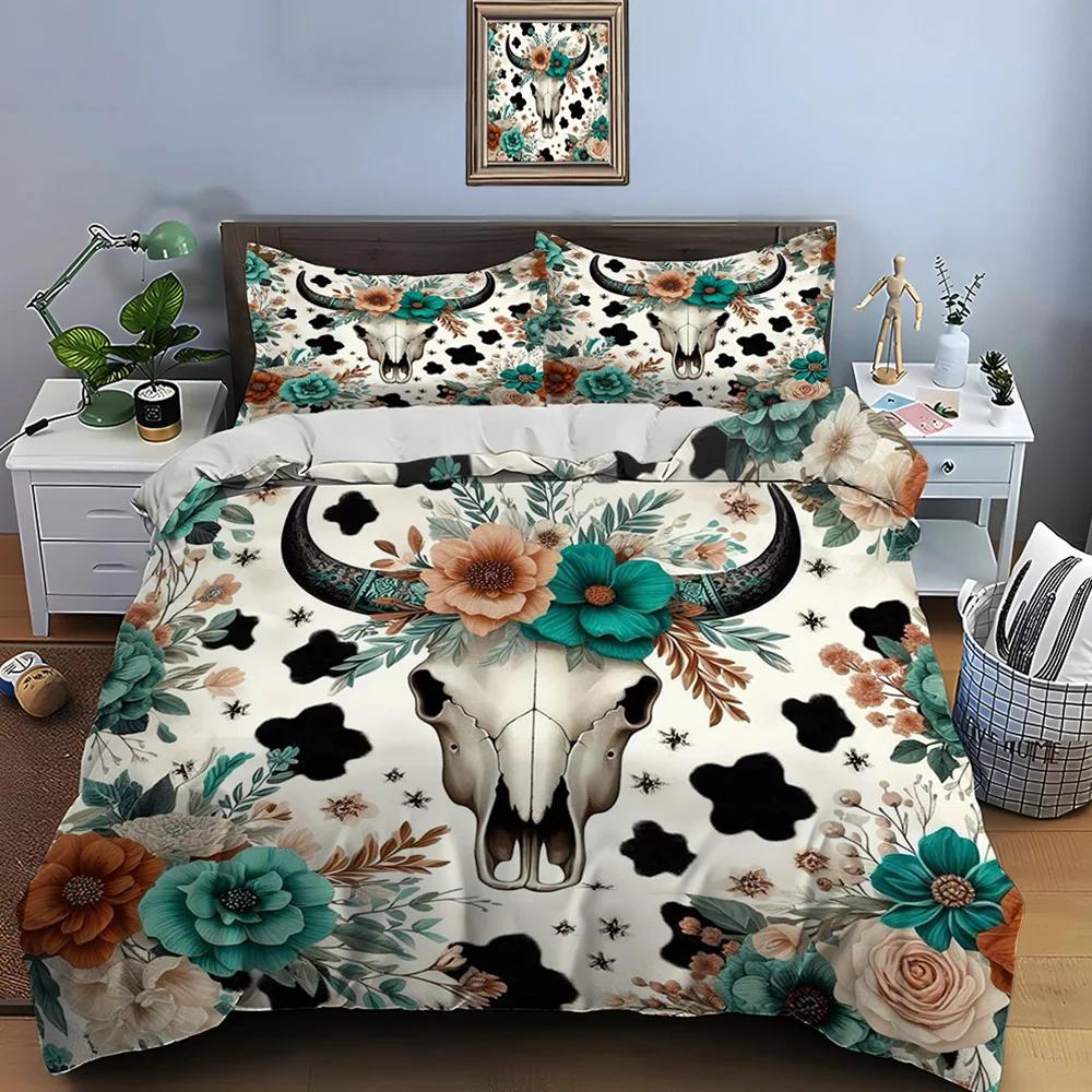 Native American Cattle Skull Art Print Bedding Set Duvet Cover 1 Duvet Cover 2 Pillowcases Adult and Kids Bedding Set Luxury